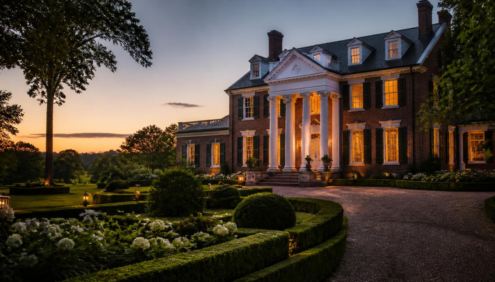 Virginia brick colonial estate at twilight with warm lit windows