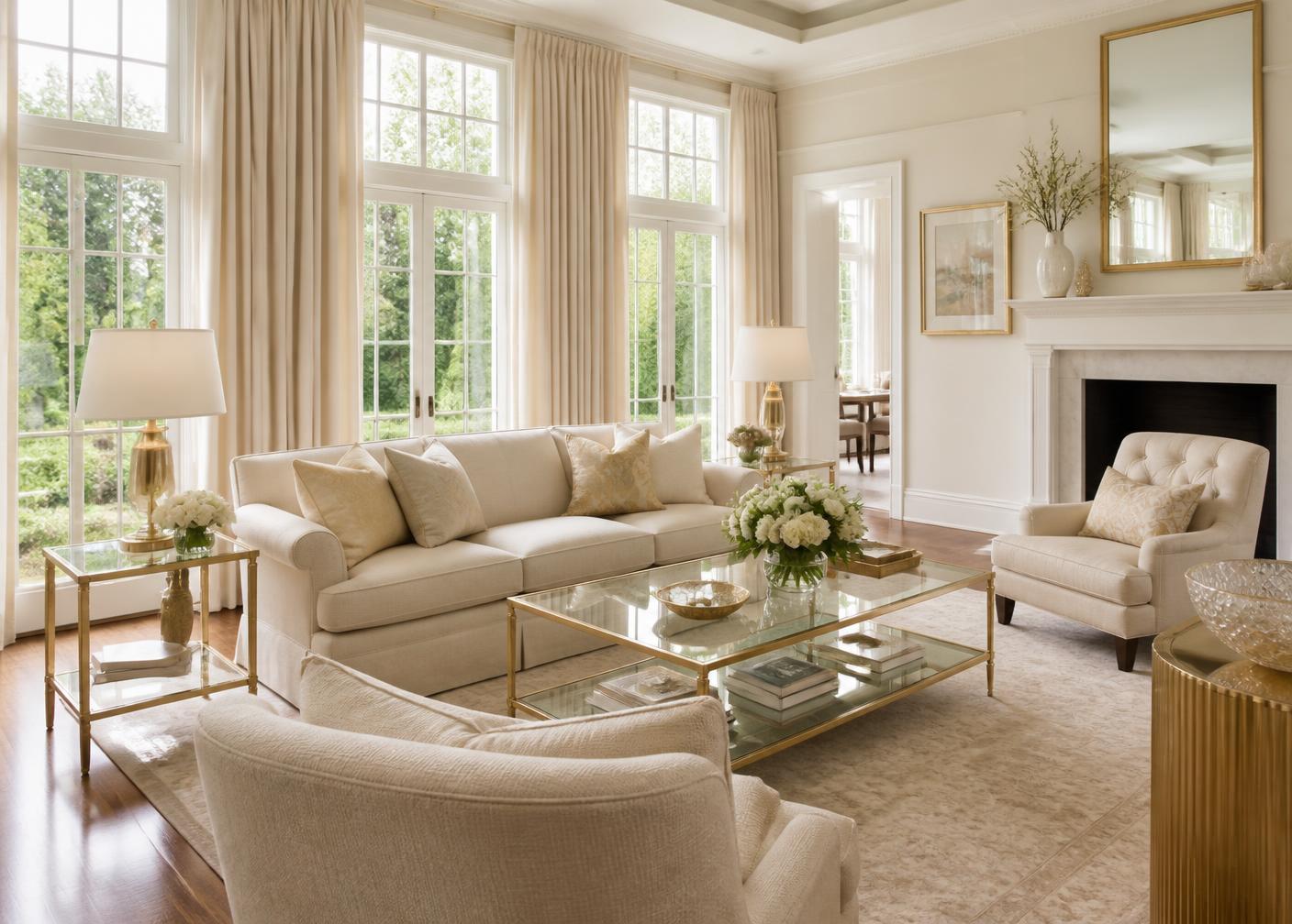 Sunlit ivory living room in a luxury Virginia home
